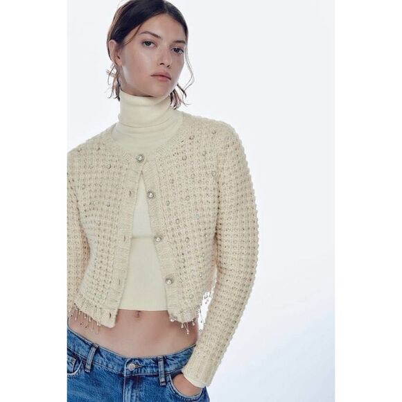 Zara Beaded Knit Sweater Cardigan - Picture 2 of 7